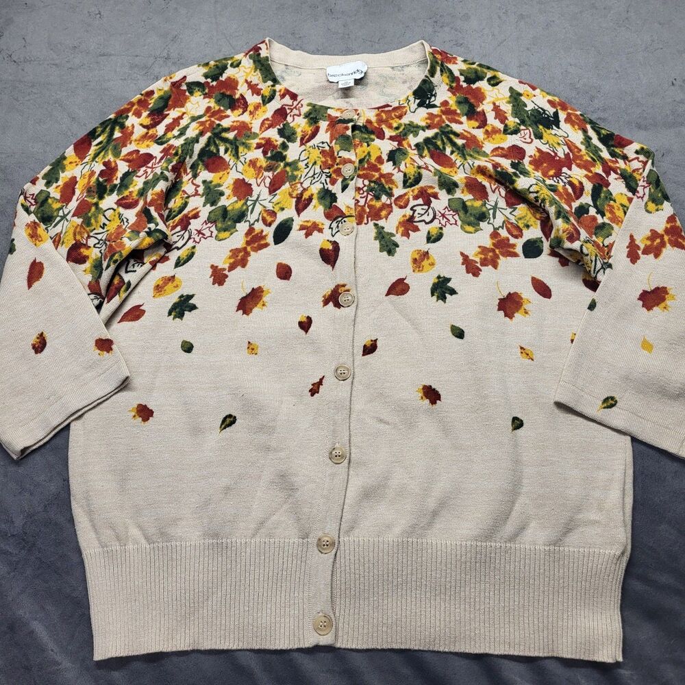Breckenridge Cardigan  3/4 Sleeve Tan Fall Autumn Leaves 90s Medium 100% Cotton
